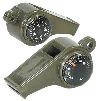 Signalpfeife Kst.Oliv m.Kompass/Thermometer/Kordel